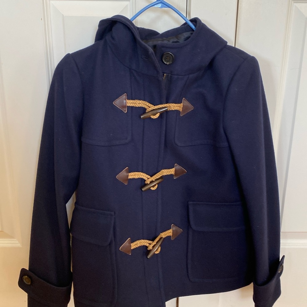 J Crew hooded melton wool jacket with wooden toggles